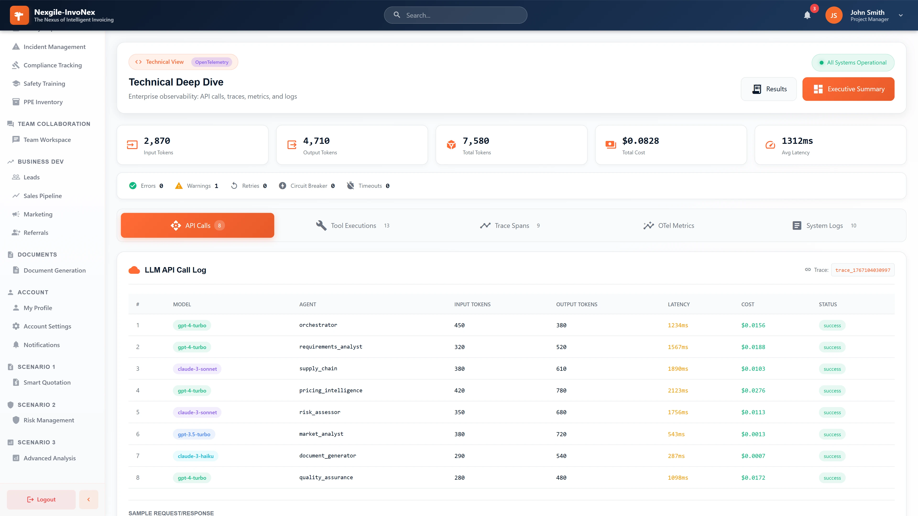 Technical Deep Dive - Enterprise observability dashboard showing LLM API calls, token usage, costs, latency metrics, and trace spans per agent.